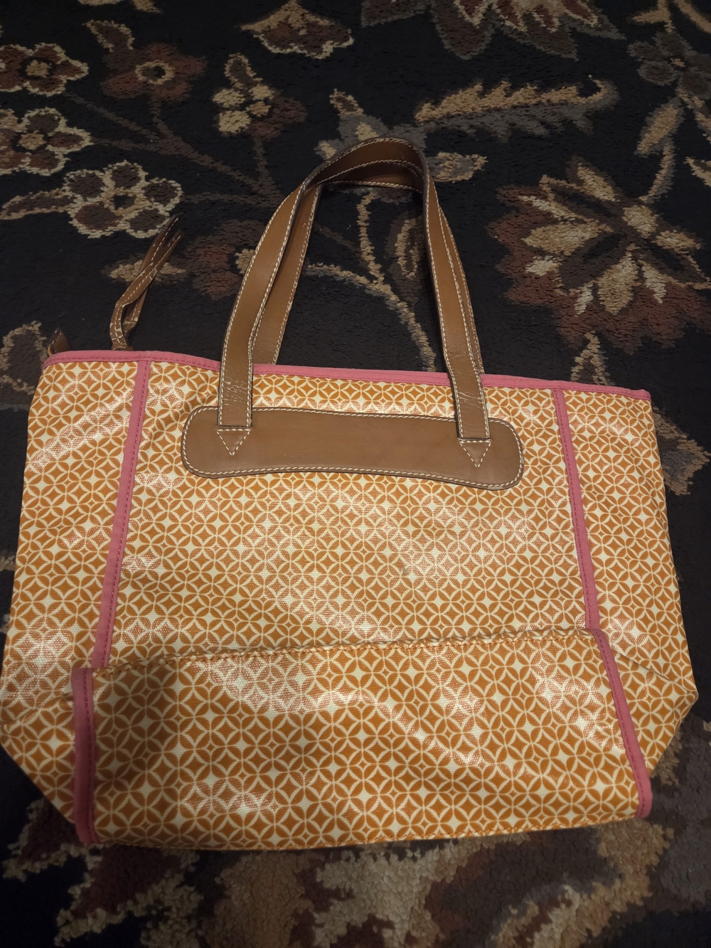 Fossil Orange Geometric Tote with Pink Trim and Tan Handles